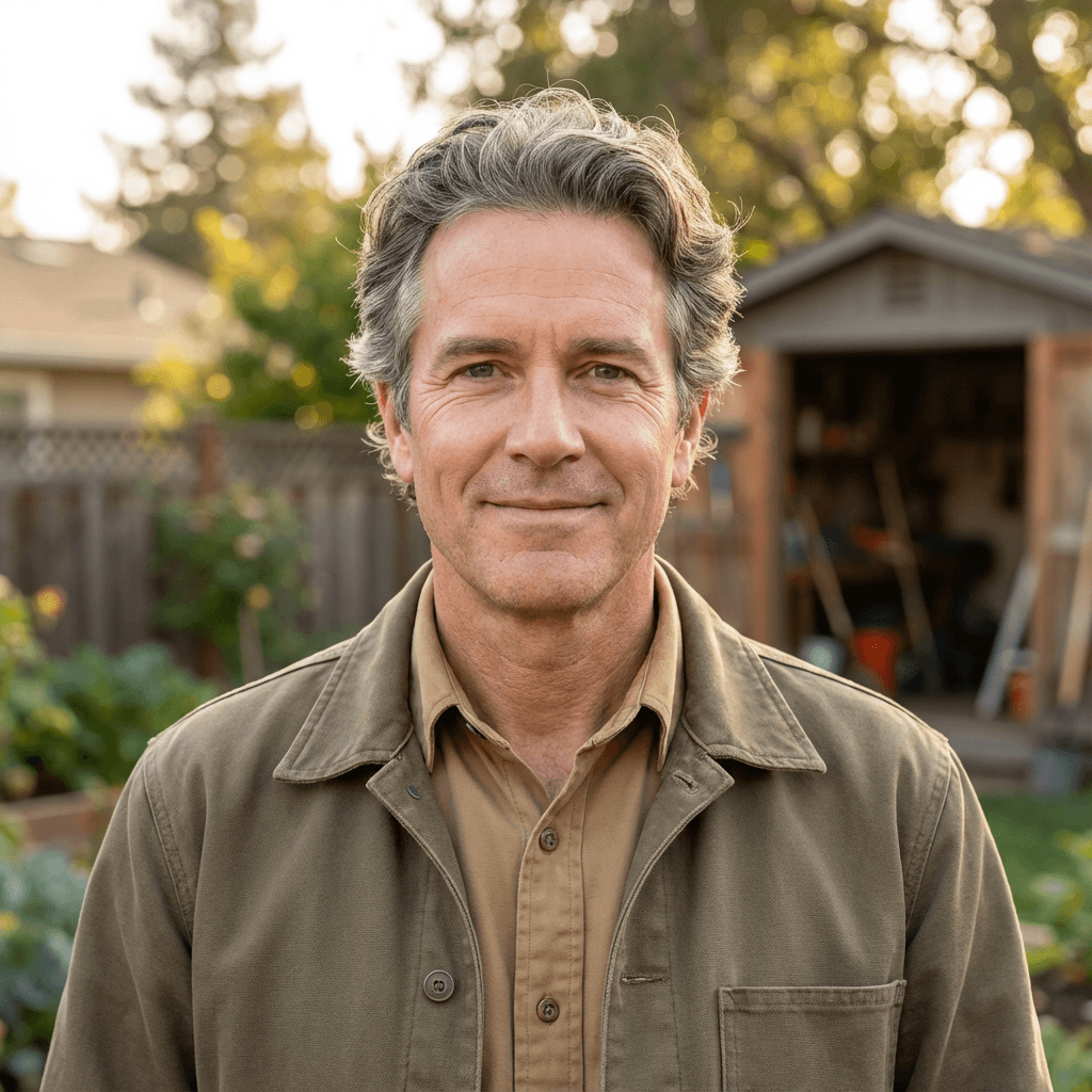Dave Thompson, a friendly man in his 50s in a backyard with a pool
