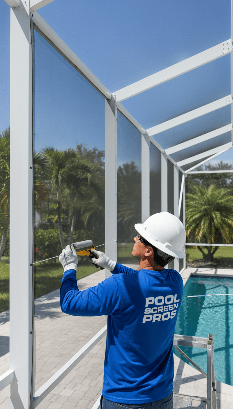 Worker installing a new screen panel on a pool enclosure