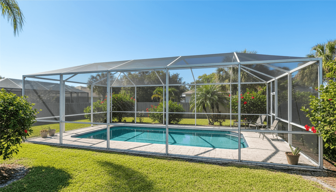 A sunny Florida backyard with a well-maintained screened pool enclosure