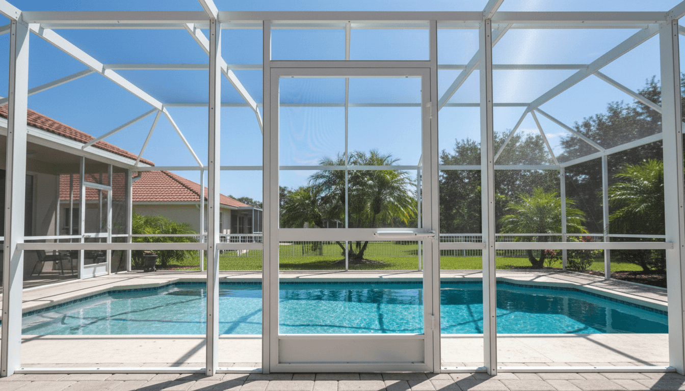 Replaced aluminum screen door on a residential pool cage