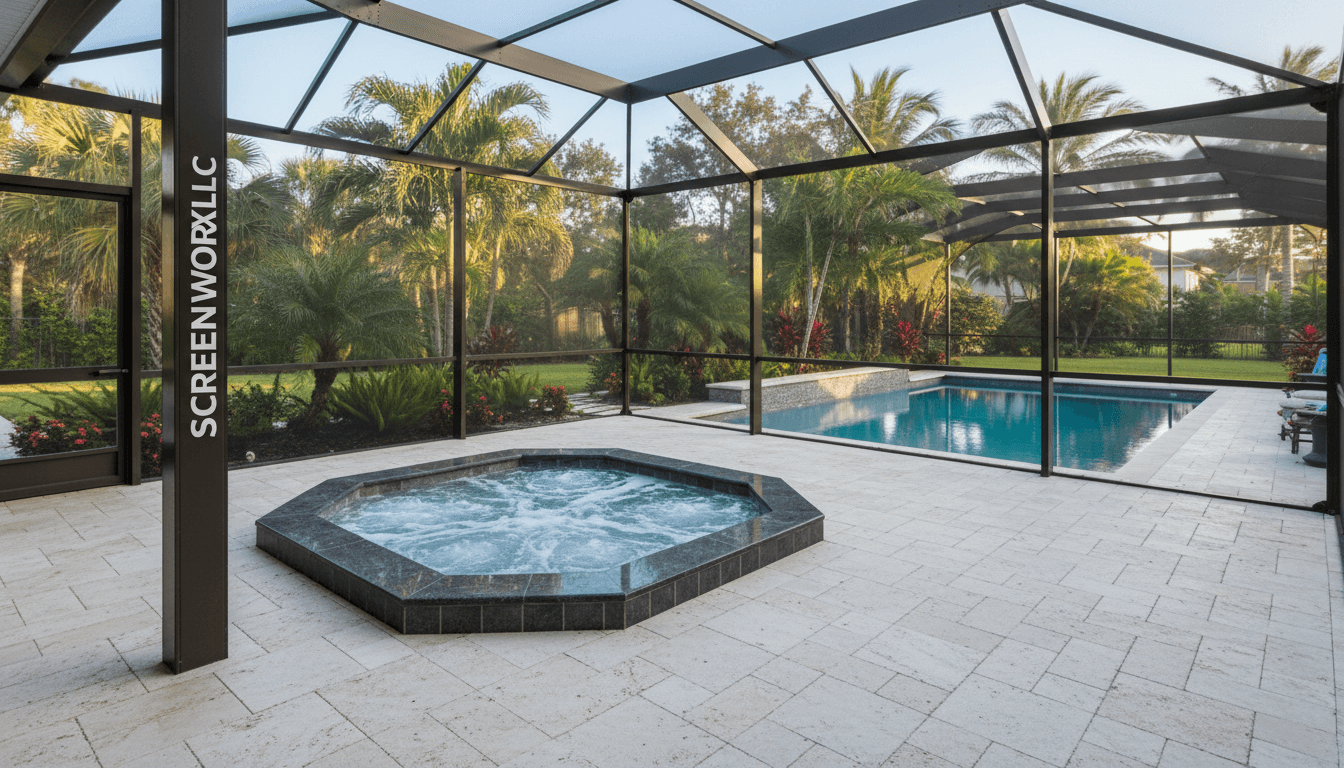 Completed pool enclosure with hot tub and stone patio