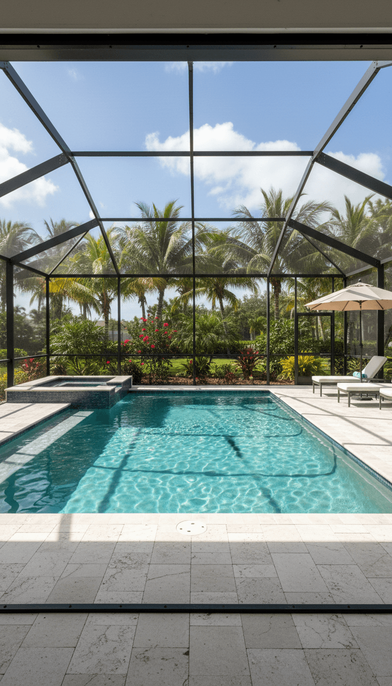 Pool screen enclosure with clear view of backyard pool in Florida