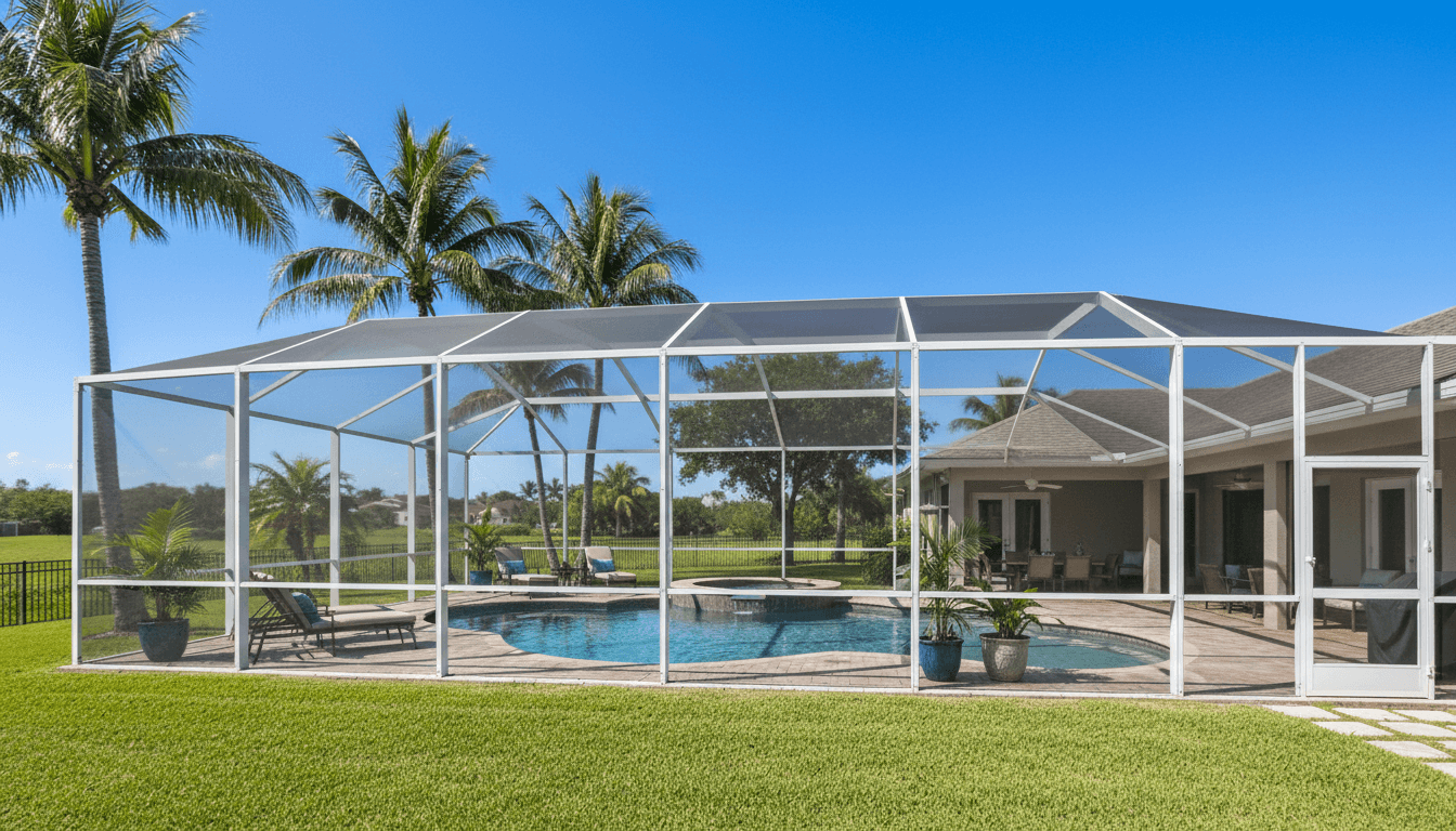 Backyard pool enclosure under clear blue sky with swaying palm trees.