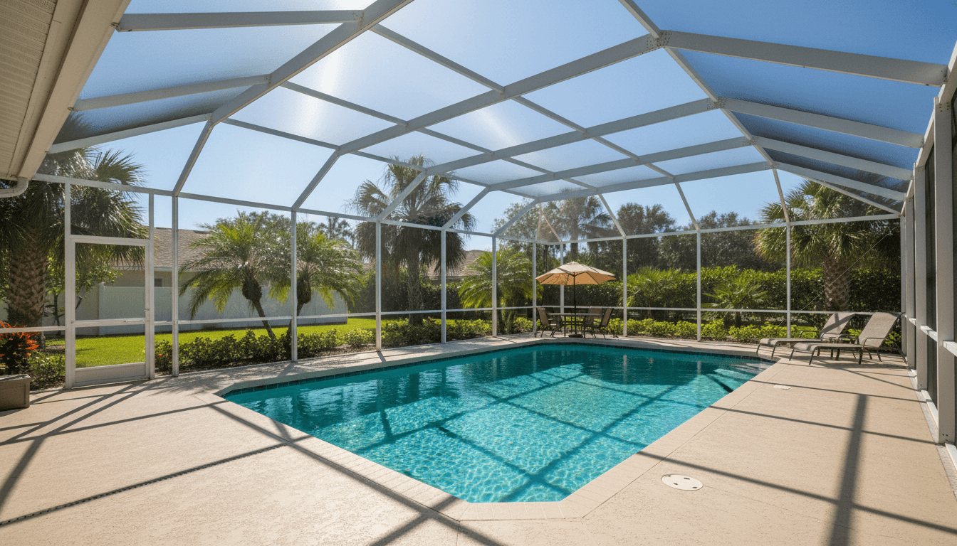 Pool screen enclosure with clear mesh and aluminum frame in bright sunlight