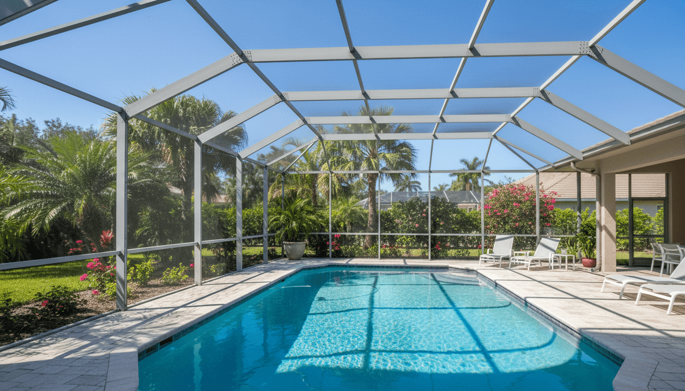 Sunny backyard with pool screen enclosure and aluminum frame