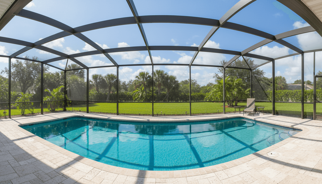 New pool screen enclosure with clear screening and blue pool water