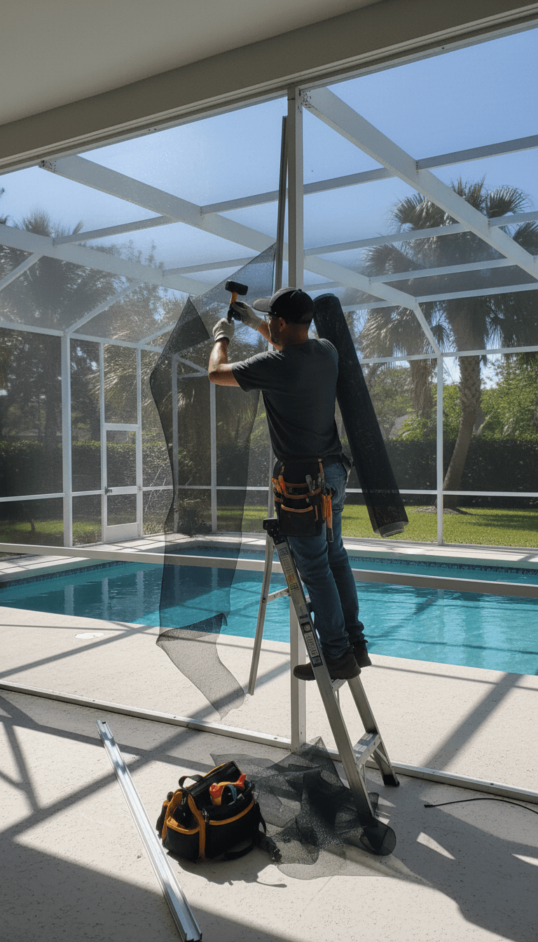 Worker repairing aluminum screen frame on a pool enclosure