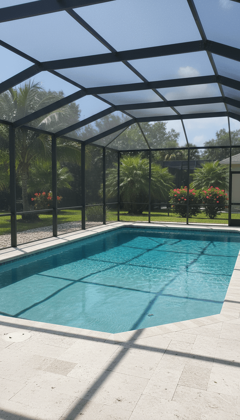 Fresh screen mesh stretched across a large pool enclosure frame