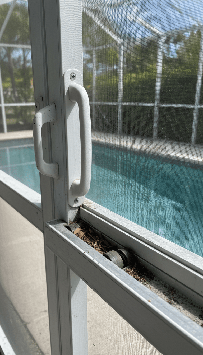 Close up of a sliding screen door track and handle on a residential pool enclosure