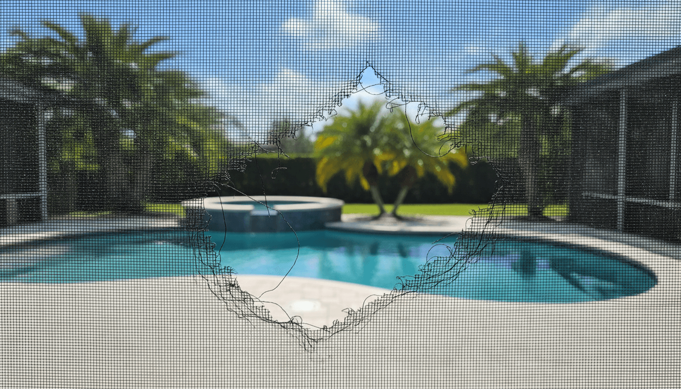 Torn screen mesh before repair showing damaged pool screening