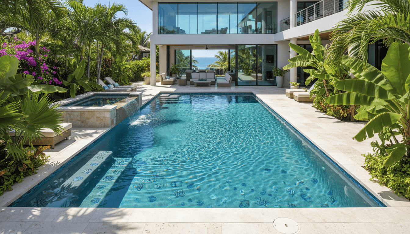 Screened-in pool enclosure with clear water and lush trees