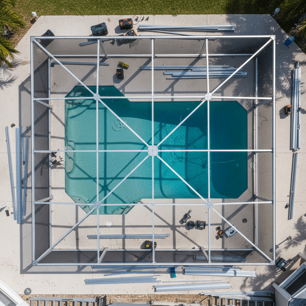 Screened-in pool enclosure with clear pool and lush green trees in background under blue sky