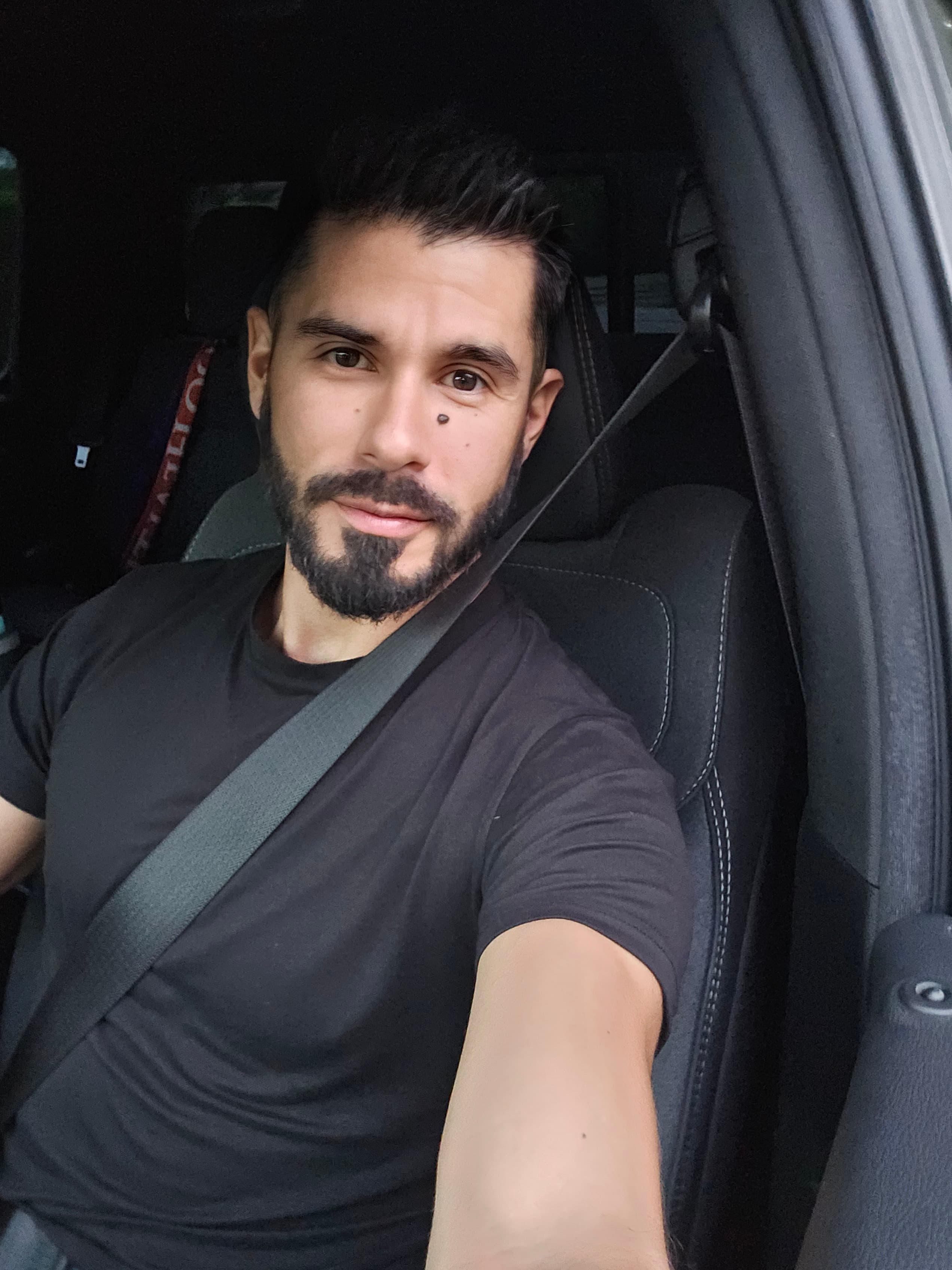 Bearded man with dark hair wearing a black t-shirt and seatbelt inside a car.